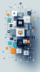 Poster - Abstract digital cubes floating on a gray background with blue and white geometric icons representing technology and data interaction