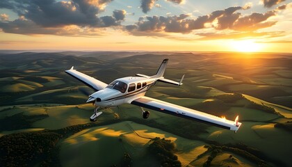 Soaring airplane above rolling hills and green fields under a golden sunset, embodying freedom and adventure in a breathtaking landscape