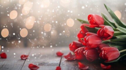 Poster - Beautiful red tulips with petals on a wooden table during a romantic evening setting