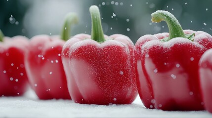 Fresh red bell peppers on a snowy surface in a winter setting creating a vibrant contrast