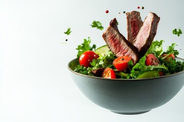 Isolated on a white plate is a mixed salad of beef cubes, broccoli, peppers, and chili.