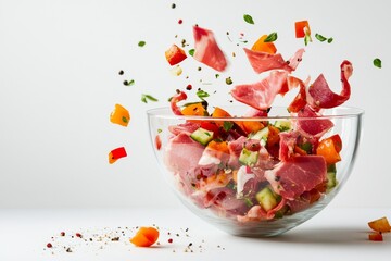 Across a white plate, an image of a mixed salad with beef cubes, broccoli, peppers, and chili is isolated.