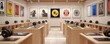 © Adnan saheem - A minimalist vintage record store with records displayed in simple wooden bins, listening stations with high-quality headphones, and walls adorned with iconic album art framed in a minimalist style