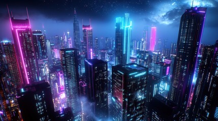 Poster - Futuristic City Skyline at Night with Neon Lights