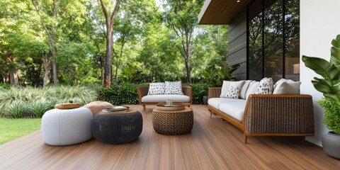 Poster - Stylish outdoor living area featuring comfortable seating and lush greenery in a tranquil setting