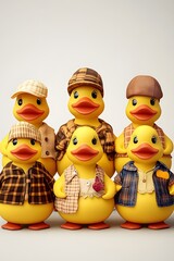 Wall Mural - yellow rubber ducks wearing different outfits, isolated background