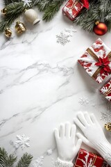 Poster - Decorative winter-themed flat lay with gifts and evergreen branches on marble surface