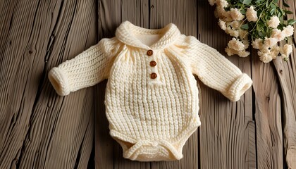 Wall Mural - Cream-colored knitted baby onesie on rustic wooden backdrop, representing comfort, warmth, and the essence of love and new beginnings