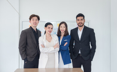 Business man and woman asian group team people standing talk looking success committed ready for work online products sell marketing new project in room office company, with white background in studio