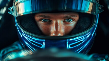 There is an image of a racecar driver in a helmet, gazing intently ahead, and it exhibits an atmosphere suggestive of a competitive sport.