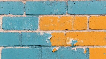 Two-tone brick wall divided into blue and yellow sections with peeling paint in urban setting