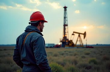 Oil worker in work clothes and helmet near oil rig, drilling station against sky background at sunset. Worker oil and gas production