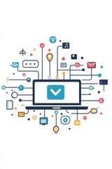 Poster - Laptop connected to various social media icons representing online communication and digital networking
