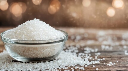 Freshly poured salt in a glass bowl on a rustic wooden table at home in natural lighting