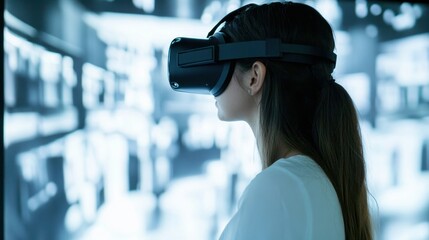 Canvas Print - A Young Woman Wearing a VR Headset, Looking to the Side