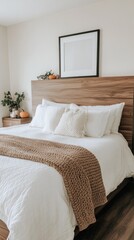 The room showcases a cozy fall ambiance with white walls, a black headboard, autumn decorations, and a soft blanket draped on a corner sofa, inviting relaxation