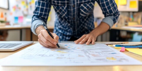 Aufkleber - A person in a checkered shirt sketches on a blueprint at a wooden desk. The workspace is creative and filled with colorful materials. This image captures design and planning in action. AI