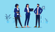 © Knut - Group of office people - Businesspeople working in team, standing together with computers, smiling and discussing work. Colleague teamwork concept in flat design vector illustration