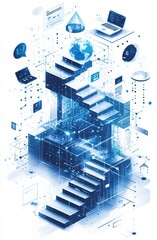 Aufkleber - Modern  illustration of an isometric staircase representing digital technology development and global connectivity