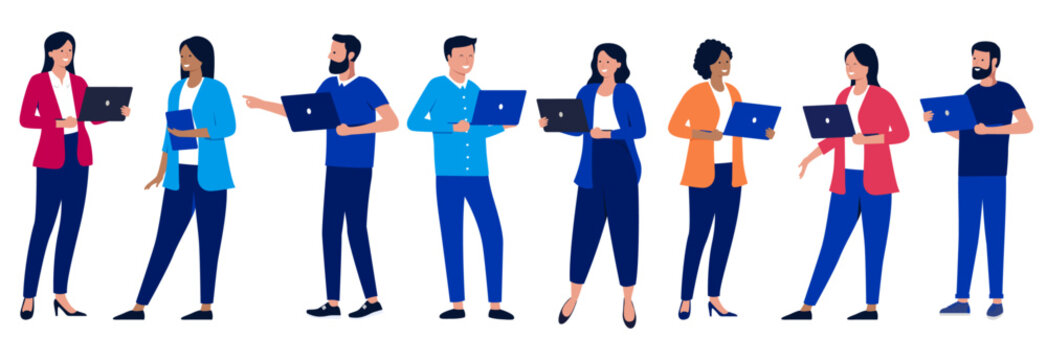 Vector people with computers collection - Set of illustration with business characters, men and women using laptops, standing and talking in various poses