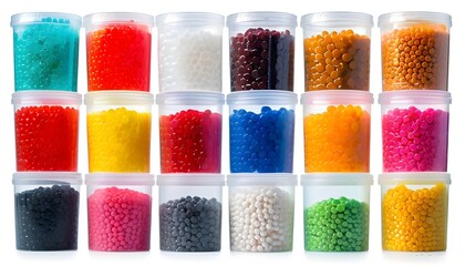 Colorful plastic masterbatch pellets arranged against a crisp white background