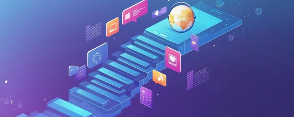 Aufkleber - Modern isometric  illustration depicting a digital data flow with dynamic charts and icons on a futuristic neon background