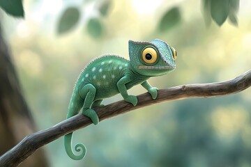 Wall Mural - Cute Cartoon Chameleon Sitting on a Branch in a Green Forest