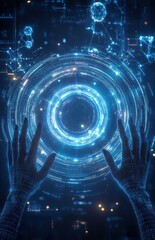 Poster - Digital wireframe hands reaching towards a glowing vortex of data and light, symbolizing technology and connectivity in the virtual world