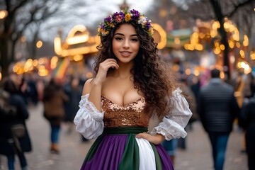 Woman with floral crown and traditional dress at festival. Oktoberfest celebration. Cultural event concept. German culture and tradition. Travel and tourism