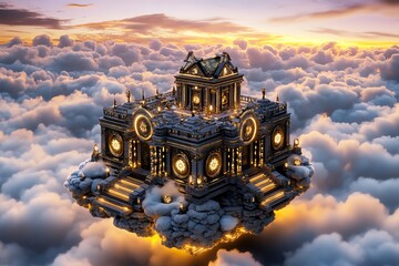 Poster - A floating temple made of stone and timepieces, drifting through a sea of clouds. The sky is glowing in soft pinks and purples, with golden light illuminating the edges of the clouds as the