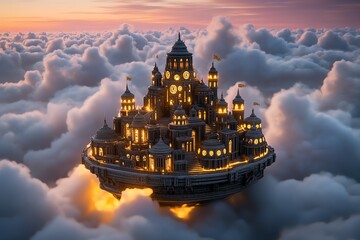 Poster - A floating temple made of stone and timepieces, drifting through a sea of clouds. The sky is glowing in soft pinks and purples, with golden light illuminating the edges of the clouds as the