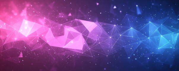 Poster - abstract purple and blue background with geometric triangles and glowing lights creating a futuristi