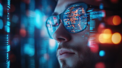 Side profile of man wearing glasses with digital code reflection on lenses, cyber technology, data science, coding and programming, futuristic tech innovation, technology-driven focus.