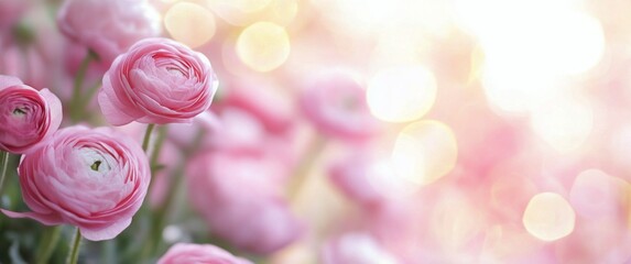 Canvas Print - Beautiful pink ranunculus flowers blooming in a sunny garden during springtime