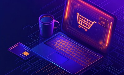 Poster - Futuristic digital illustration of online shopping with neon laptop and coffee cup