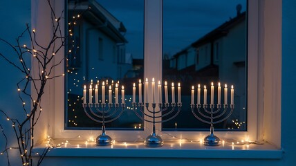 Wall Mural - Two silver menorahs with lit candles in a windowsill.