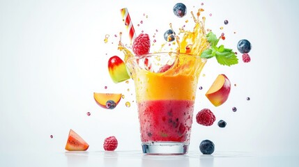 Wall Mural - A Glass of Colorful Fruit Smoothie with Flying Ingredients