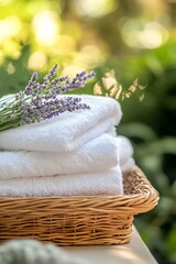 Wall Mural - Soft white towels and fresh lavender arranged in a basket amidst a serene outdoor setting