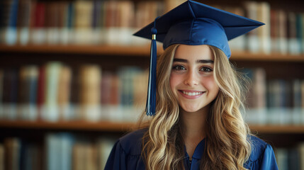 Smiling young woman wearing a blue graduation cap and gown, standing in front of a bookshelf, representing academic achievement, celebration, education, and the joy of graduating from university