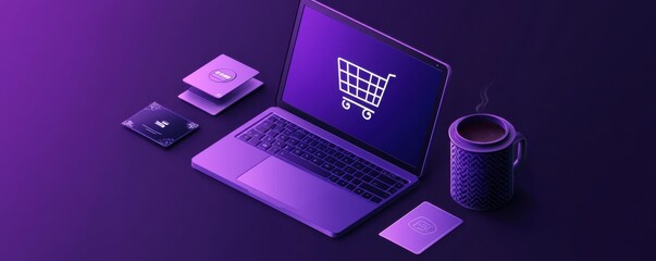 Poster - Purple isometric illustration of an open laptop with shopping cart icon depicting online shopping and digital commerce