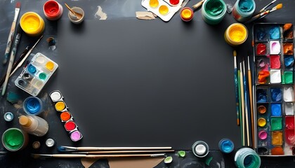 Artistic arrangement of vibrant painting supplies displayed on textured dark paper