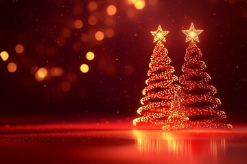 Three sparkling 3D Christmas trees with glowing lights against a red background, creating a festive atmosphere for the New Year celebration