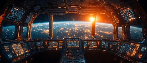 futuristic spaceship cockpit view of earth at night