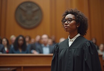 a confident black woman wearing glasses and a professional judge's robe in a courtroom setting