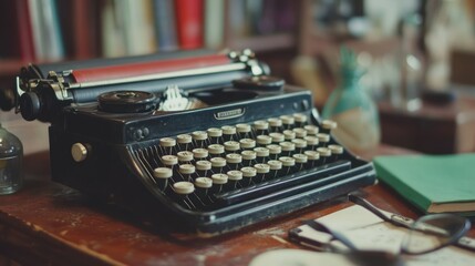 Poster - Vintage Typewriter on a Wooden Desk with Books and Glasses
