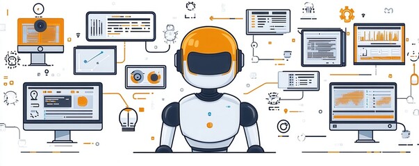 Poster - Robot sitting in front of connected digital interface showcasing futuristic technology and artificial intelligence concepts