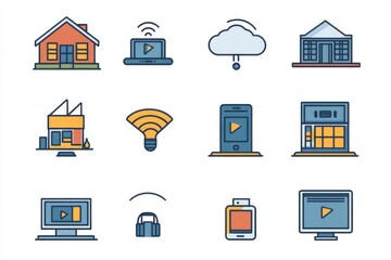 Poster - Set of modern technology and smart home icons featuring computer, phone, houses, and wireless connectivity