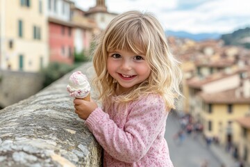 Near the Ponte Vecchio in Florence, a happy baby girl eats ice cream