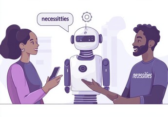 Poster -  illustration of two people interacting with a friendly robot, discussing technology and communication