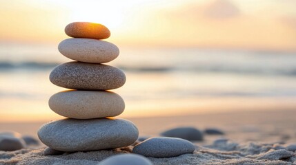 Wall Mural - Balancing stones on sandy beach during sunset by the ocean